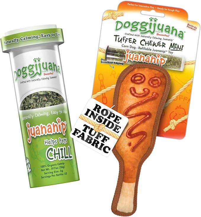 Doggijuana Mini Doggi Duo Refillable Juananip Toy Bundle | Corn Dog & Juananip | Funny Dog Toy Plush with Catnip and Refill | Interactive Chew for Play