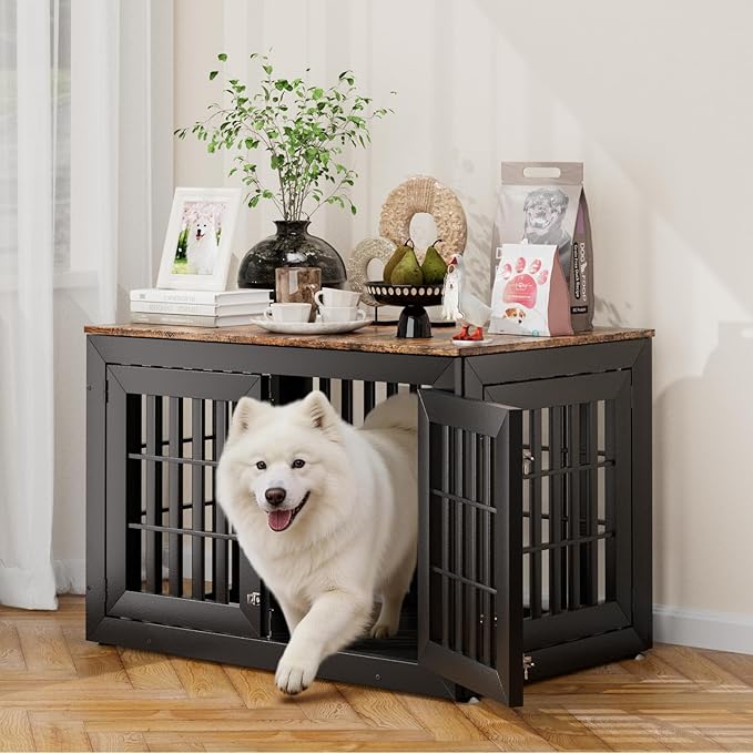 Snuowu 42" Heavy-Duty Dog Crate Furniture for Large/Medium Dogs, XL Wooden Dog Cage Kennel Indoor Furniture, Decorative Pet House End Table, Black & Wood