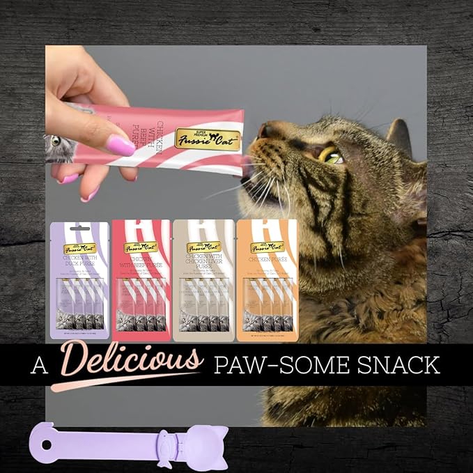 Fussie Cat Premium Puree Lickable Cat Treats in Chicken Puree, 4 Flavors, 4 Packs of 4-0.5oz Tubes (16 Total Tubes) +Spoon
