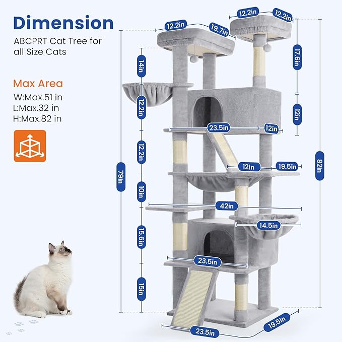 ABCPET Cat Tree 82 in Multi-Level Cat Tower for Indoor Cats, Heavy Duty Large Cat Tree with Sisal Scratching Posts, Hammock, 2 Perches, 2 Condos, 2 Hanging Baskets, Light Grey