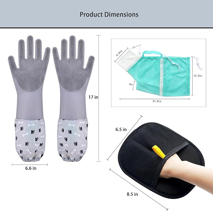 Pet Grooming Long Sleeve Washing Gloves feature silicone grooves design, ideal for both cats and dogs. This set includes 4 pieces in total, coming with a cat bathing bag and a pet hair remover.