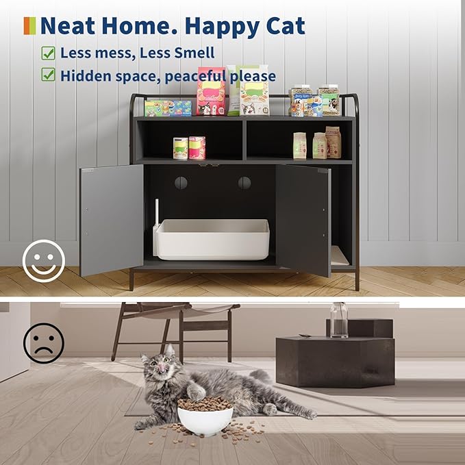 Garvee Cat Litter Box Enclosure Furniture Wooden Hidden Indoor Cat Washroom House Cabinet with 2 Open Compartments Scratching Mat Double Door Storage Cabinet Front Entry Air Vents Metal Frame