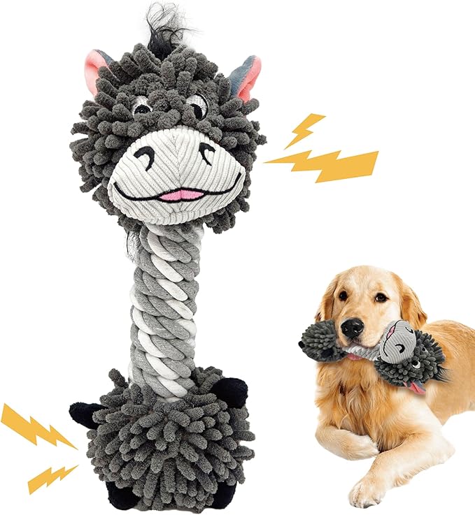 Grey Donkey Mop Plush Squeaky Dog Toy with Rope Neck Puppy Teething Chew Toy Cute Soft Funny Durable Interactive Tug of War Dog Rope Toy for Small Medium Large Dogs Toy Gift 28cm/11.02in