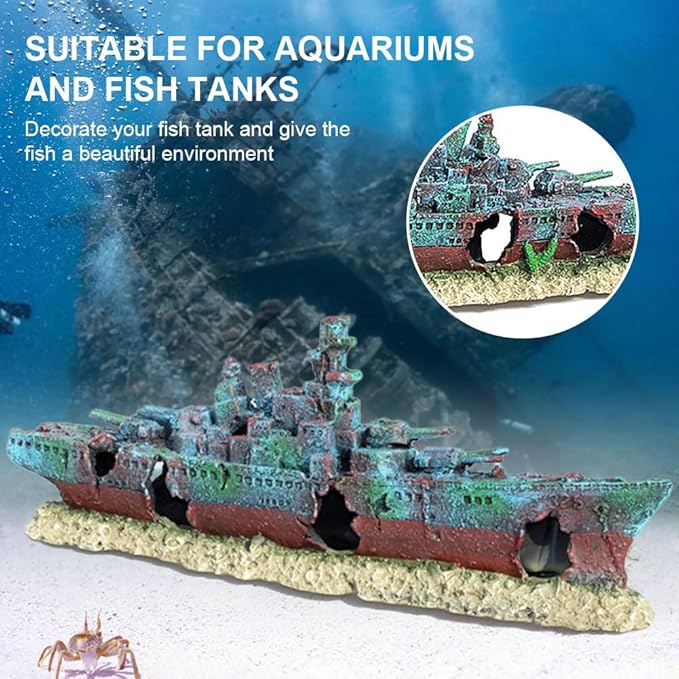 Aquarium Creative Warship Wreckage Ornament - Sunken Pirate Ship Decor for Fish Tank, Artificial Coral Reef Hideout Cave with Aquatic Plants, Unique Underwater Landscape Centerpiece for Aquatic Pets