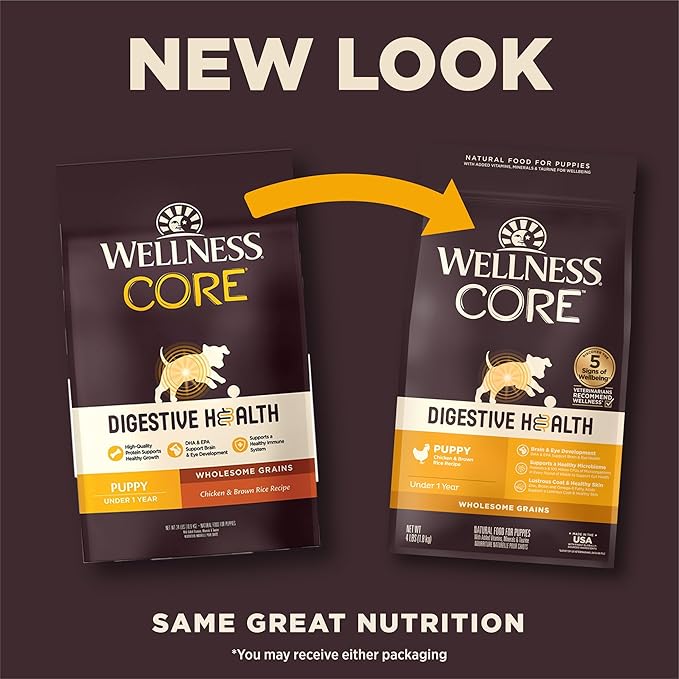 Wellness CORE Digestive Health Puppy Dry Dog Food, Wholesome Grain Kibble, Sensitive Stomach, Natural, High Protein, Chicken and Brown Rice Recipe, 4 lb Bag