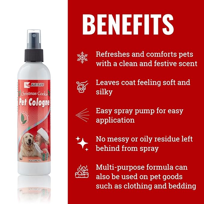 Kenic Christmas Cookie Pet Cologne, Long Lasting Limited Edition Sweet Vanilla Cookie Scented Dog & Cat Deodorizing Spray, Freshens, Neutralizes and Shines Coat Between Baths, Made in USA