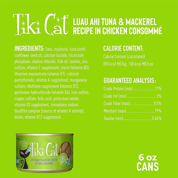 Tiki Cat Luau Shredded Meat, Ahi Tuna & Mackerel Recipe in Tuna Consumme, Grain-Free Balanced Nutrition Wet Canned Cat Food, For All Life Stages, 6 oz. Cans (Pack of 8)