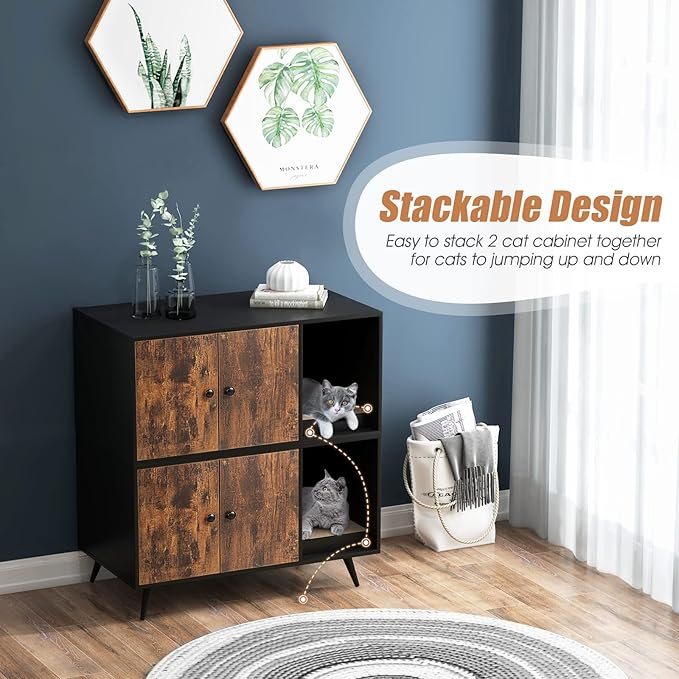 PETSITE Litter Box Enclosure, Wooden Hidden Litter Box Furniture with Cabinet & Scratching Pad, Stackable Cat Washroom Pet House End Table