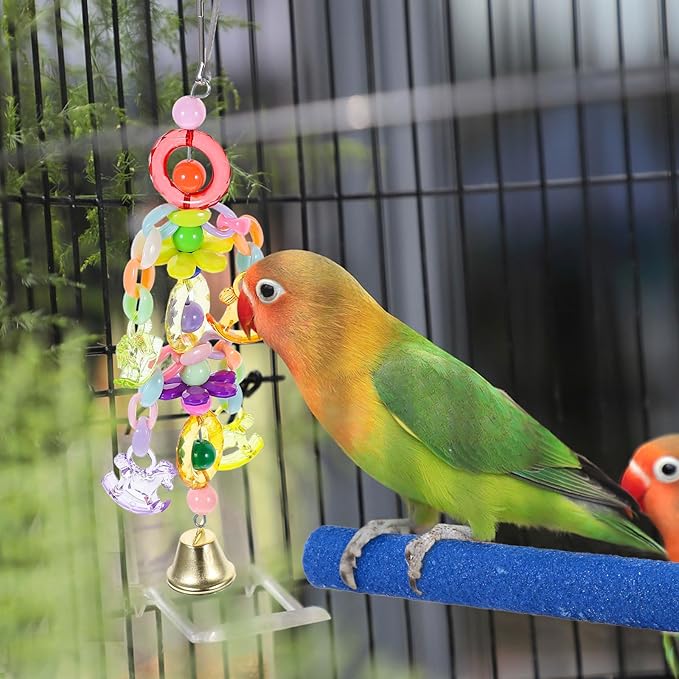 Happyyami Parrot Bite with Acrylic Beads and Bell, Colorful Hanging Bird for Cage, Chew and Beak Exercise Accessory for Parrots and Small Birds Random Color