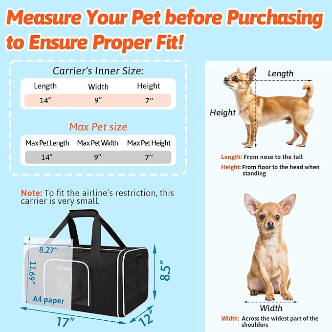 Petskd Small Pet Carrier with Wheels (17" L x 12" W x 8.5" H), JetBlue/Allegiant/Spirit Airlines Approved, Rolling Pet Carrier for Small Dogs & Cats (Black)
