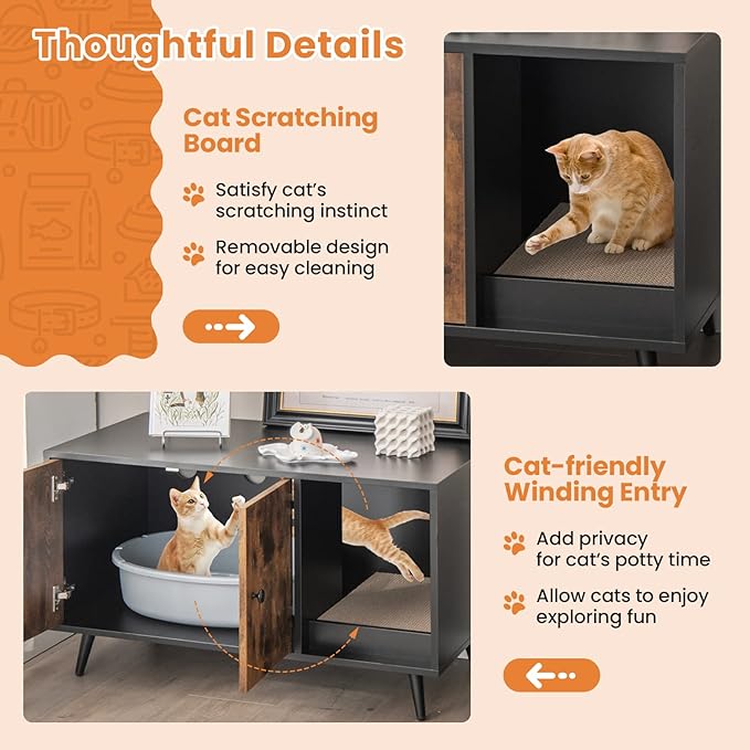 Giantex Cat Litter Box Enclosure, Hidden Cat Washroom Furniture, 2-Door Cabinet, Front Entry, 3 Vent Holes, Cat Scratching Pad, Wooden Pet House Crate End Table for Living Room (Black & Rustic Brown)