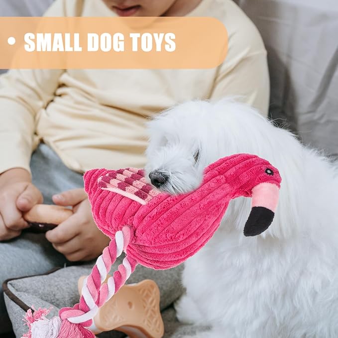 POPETPOP Flamingo Squeaky Rope Dog Toy 11.81X7.08X3.14In Interactive Corduroy Plush Chew Toy for Indoor Play Suitable for Small to Large Dogs