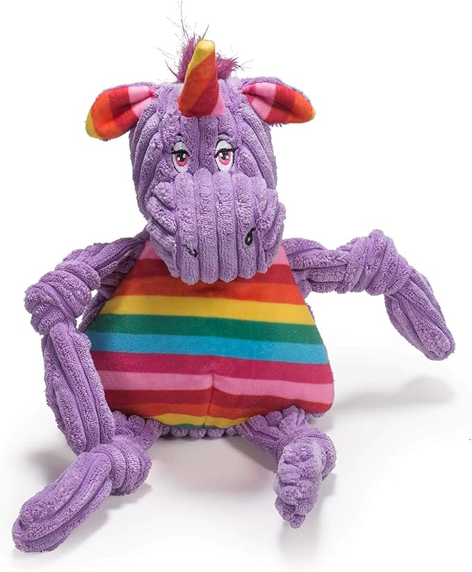 HuggleHounds Knottie Plush Dog Toy - Dog Stuffed Animal Toy, Puppy Toys, Squeaky Dog Toy for Small, Medium & Large Dogs, Durable Plush to Keep Them Busy - Rainbow Unicorn, Large