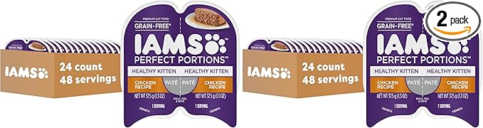 IAMS Perfect Portions Healthy Kitten Grain Free Wet Cat Food Pate,Chicken Recipe,2.6 oz. Easy Peel Twin-Pack Trays (,48 Servings),24 Count (Pack of 2)