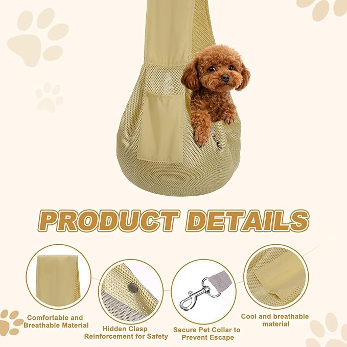 Dog Sling Carrier for Small Dogs and Cats Up to 16.5 Lbs, Breathable Thick Shoulder Strap Pet Crossbody Shoulder Bag, (Khaki, 1 Pcs) Intended for Outdoor/Camp/Travel