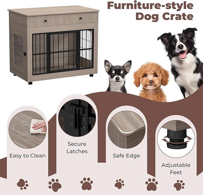 40 inch Dog Crate Furniture-Farmhouse Dog Kennel with Drawers-Heavy Duty End Table Wooden Pet Crate, Decorative Dog House Indoor for Small Medium Large Dog, Oak Grey