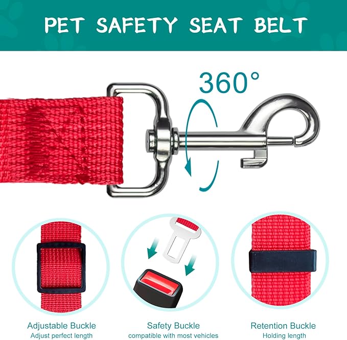 2 PCS Dog Seat Belt for Car Frskcssd Adjustable Dog Car Harness Heavy Duty Nylon Dogs Safety Seat Belt (Black+Red)