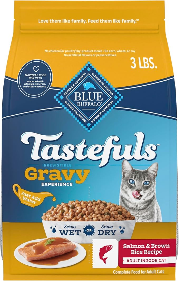 Blue Buffalo Tastefuls Irresistible Gravy Experience Adult Indoor Cat Dry Food, Salmon & Brown Rice Recipe, 3-lb. Bag