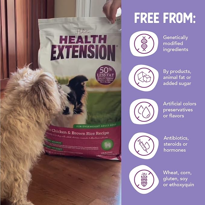 Health Extension Lite Chicken & Brown Rice Dry Dog Food, Low Fat Formula Supports Healthy Weight, with Probiotics & Superfoods for Digestion & Coat Health (15 lb)
