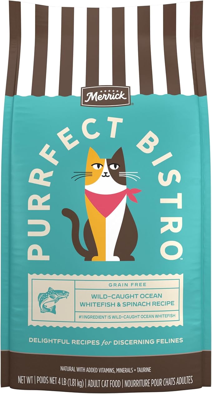 Merrick Purrfect Bistro Grain Free Wild-Caught Ocean Whitefish and Spinach Recipe Natural Dry Cat Food for Adult Cats, High Protein, Outdoor or Indoor Cat Food - 4 lb. Bag