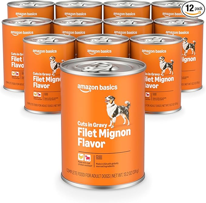 Amazon Basics Wet Dog Food, Cuts in Gravy Filet Mignon Flavor, Made with Real Chicken and Beef, 13.2 oz can (Pack of 12)