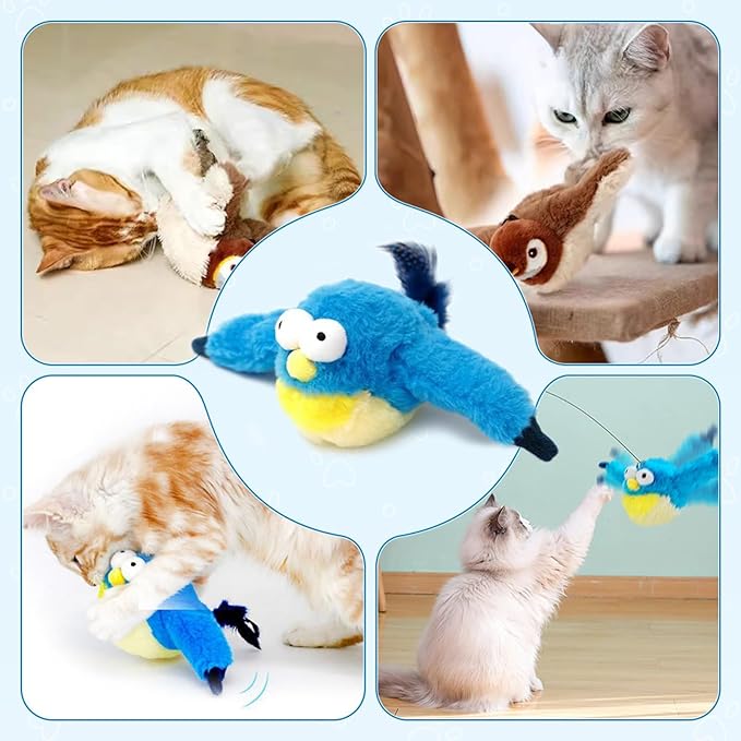Upgraded Flappy Chase Cat Toy, Interactive Chirping Bird Cat Toy,Chirping Bird Cat Toy Flapping Wings, Flying Interactive Simulation Electric Cat Toy (Blue Large)