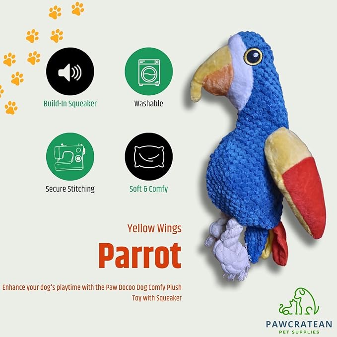 7" Squeaky Plush Toy for Puppies Small Dogs Self Etertainment Washable Soft Made [PET ONLY] (Yellow Wing Parrot)