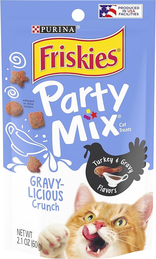 Purina Friskies Party Mix Cat Treats, Gravy-Licious Crunch with Turkey & Gravy Flavors, Crunchy Treats for Adult Cats, 2.1 Ounce Resealable Pouch (Pack of 3)