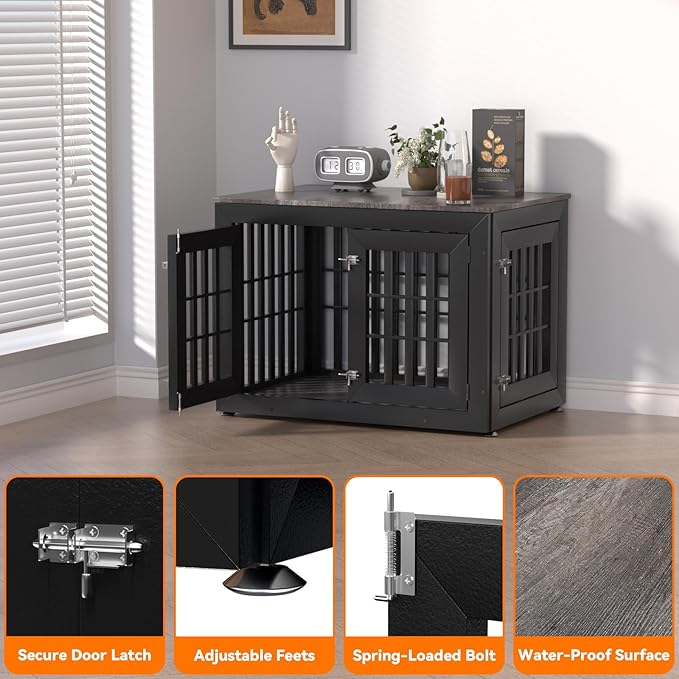 Snuowu 38" Heavy-Duty Dog Crate Furniture for Large/Medium Dogs, Rustic Wooden Dog Cage Kennel Indoor Furniture, Decorative Pet House End Table, Black & Grey