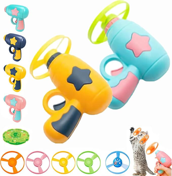 Bamboo Dragonfly Catapult Pistol, Bamboo Dragonfly Catapult Launcher, cat Fetch Toy Flying disc Saucer Launcher, Cat Fetch Toy with Colorful Flying Propellers Set (Blue+Yellow)