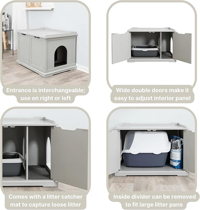 Trixie XL Furniture Litter Box Enclosure (Gray), Hidden Litter Box for Cats with Openings on Either Ends & Large Ventilations Slots, Double Doors for Easy Cleaning, Removable Divider