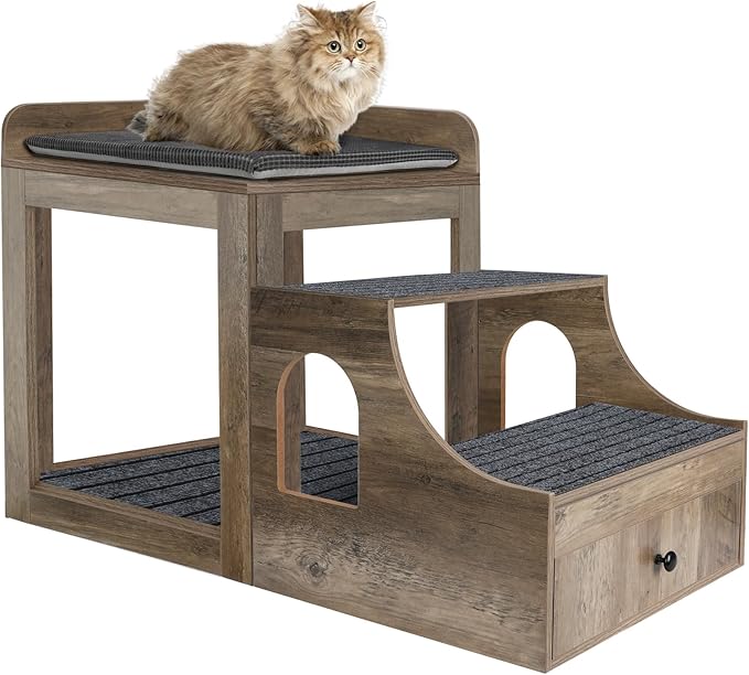 Cat Window Perch with Removable Stairs, Large Pet Bunk Bed with Drawer and Cushion for Cats and Dogs, Strong Frame Pet Bed for Bedside, Home, Indoor, Grey