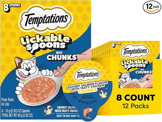 Temptations Lickable Spoons, Soft Lickable Cat Treats, Adult Wet Cat Treats, Salmon Flavor with Chicken Chunks, 8 Spoons, Pack of 12 (96 Total)