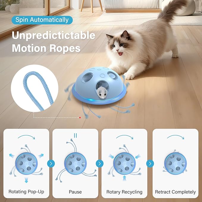 Pawingcat Automatic Cat String Toy 6 Holes Whack a Mole Cat Toy with Plush Running Cat Mouse Toy Hide and Seek Interactive Cat Toys for Indoor Cats（Blue）