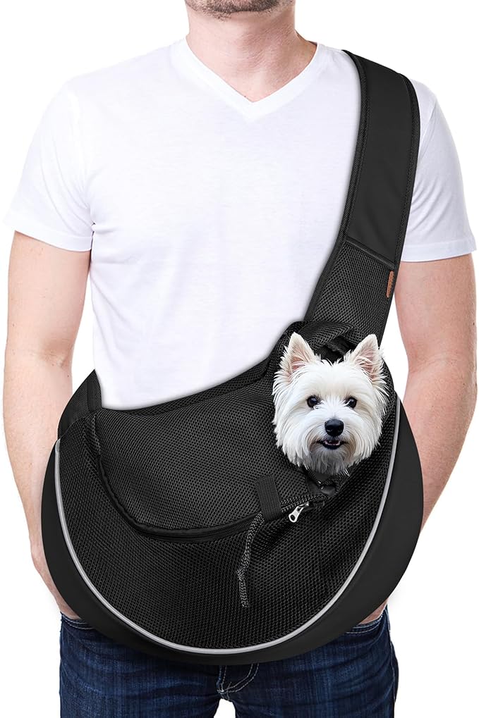 YUDODO Pet Sling Carrier for 10-15 lbs Small Dogs & Cats – Hands-Free Puppy Carrier with Safety Hook, Large Zipper Pocket, Soft Breathable Mesh, Adjustable Strap & Reflective Strip (Black 2.0 L)
