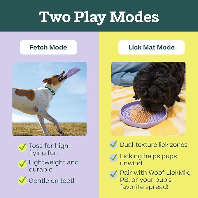 WOOF Fly n’ Feed - Flying Disc and Lick Mat for Dogs - Durable Tooth-Friendly Rubber - Interactive Dog Toy for Fetch, Treat Dispensing, and Enrichment - Lavender