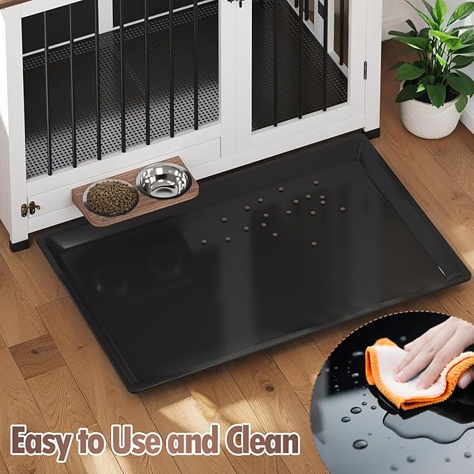 39.4" Dog Crate - Wood Dog Kennel Furniture with Removable Tray & 360° Rotating Feeder | White Dog Cage for Living Room, Bedroom, Indoor Sturdy Pet End Table for Medium & Large Dogs | Easy Assembly