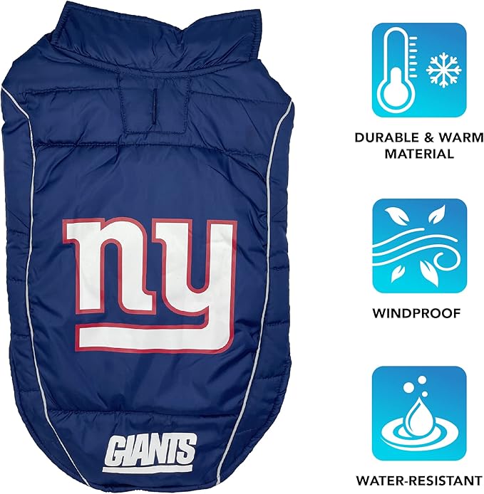 NFL New York Giants Puffer Vest for Dogs & Cats, Size Small. Warm, Cozy, and Waterproof Dog Coat, for Small and Large Dogs/Cats. Best NFL Licensed PET Warming Sports Jacket