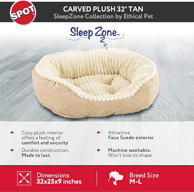 SPOT Sleep Zone Faux Suede Carved Plush Lounger, Cuddler, Napper Dog Bed - Fabric Bottom - 32 x 25 Inches, Durable, Comfortable, Washable for Dogs up to 40 lbs