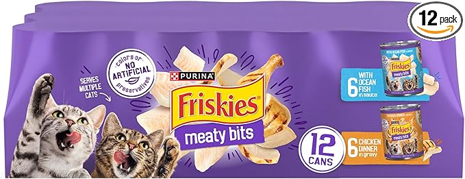 Purina Friskies Meaty Bits with Ocean Fish and Chicken Dinner in Gravy Multi Cat Wet Cat Food Variety Pack - 13.5 Ounces (Pack of 12)