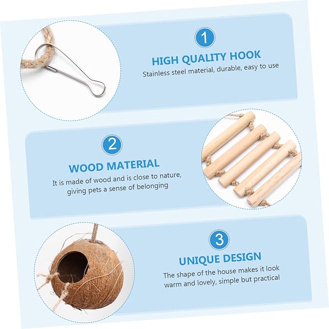 BESPORTBLE Parrot Hamster Coconut Ladder Nest for Small Pets Easy Install Bird Cage Accessory Parakeet Coconut Nest Hideout