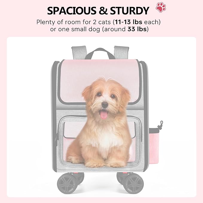 MGB Large Pet Carrier, Foldable Rolling Dog Carrier with Removable Wheels, Cat Rolling Bag 21.3"x15"x12.2" for 2 Cats & 1 Dog for Travel, Outdoor, Vet Visits, Camping, Indoor. Pink. (Not for Airline)
