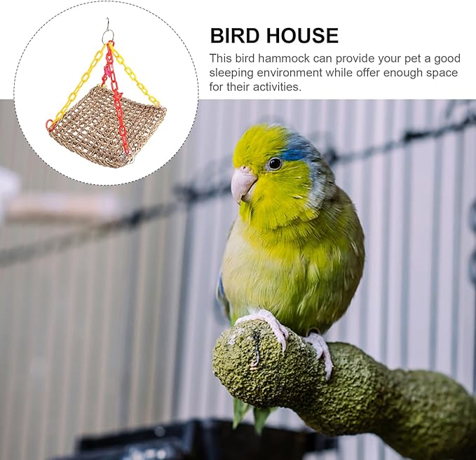 Mikikit Parrot Chewing Toy Swing Hammock for Birds Natural Straw Rope Bird Cage Accessory Climbing Play Bed for Parakeets Lovebirds and Cockatiels Space-Saving Design