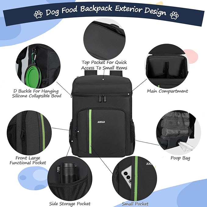 ANILD Dog Travel Bag Backpack, Flight-Ready TSA-Approved Dog Travel Bag with 2 Leak-Proof Food Canisters, 4 Foldable Silicone Bowls, Multi-Compartment Organizer for Hiking, Camping, Dog Mom Essentials