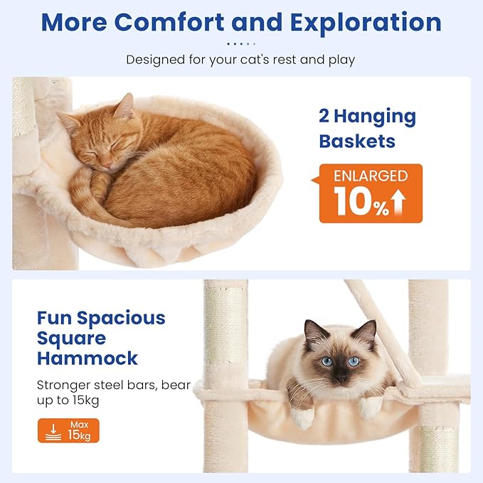 ABCPET Cat Tree 82 in Multi-Level Cat Tower for Indoor Cats, Heavy Duty Large Cat Tree with Sisal Scratching Posts, Hammock, 2 Perches, 2 Condos, 2 Hanging Baskets, Beige