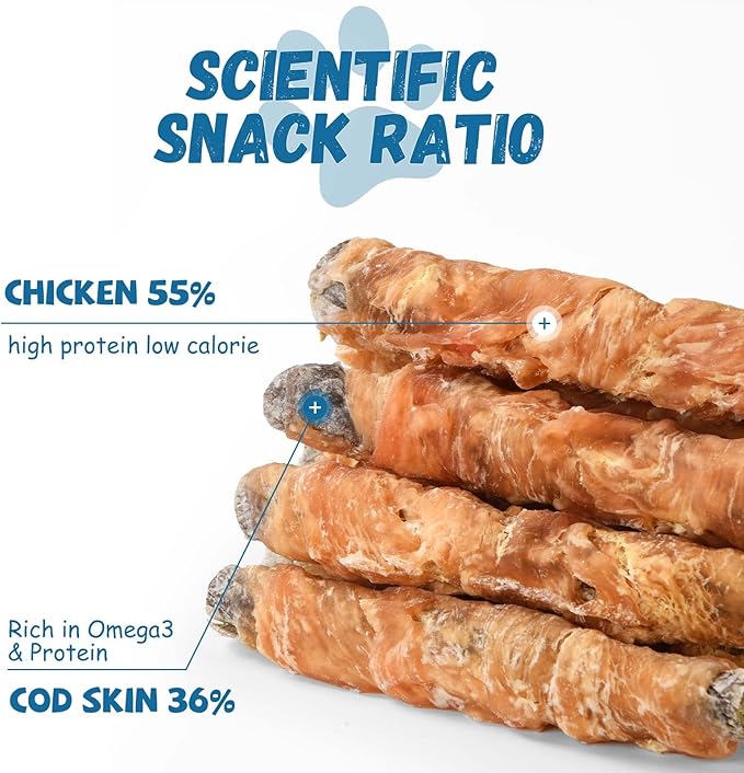 Pawmate Dog Treats Chicken Wrapped Cod Fish Skin Sticks, Healthy High Protein Omega3 Cod Twist Dog Chews Real Chicken Wrap Teeth Cleaning for Large Medium Small Breeds, 10.6 oz