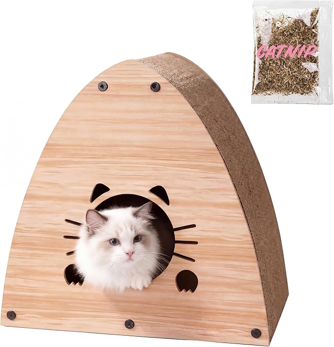 CSR1006H Koko 19" Modern Cardboard Triangle Cat Cave Scratcher with Catnip, Brown Wood Pattern, 2-in-1 Corrugated Cat House Hideaway & Scratching Board for Cats, Space-Saving