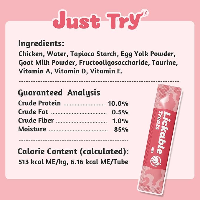 Just Try Taurine Lickable Cat Treats, Creamy Squeezable Purée with Goat Mlik, Taurine & Vitamin E, Support Heart & Vision, Grain Free, 0.5 Ounces Each 20 Tubes