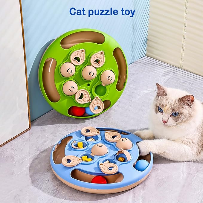 Cat Puzzle Toys Games Level 3 in 1 with Track Balls, Interactive Mentally Stimulating cat toys for IQ Training,Feather Teaser & Treat Feeder, Enrichment for Indoor Cats, Kitty Gift (Green)