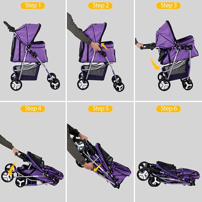 4 Wheels Foldable Pet Dog Cat Jogger Stroller Travel Carrier Strolling Cart w/Waterproof Cover Storage Basket Cup Holder & Removable Liner for Medium Small Cat Dog, Purple